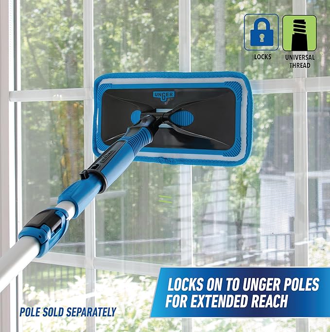 UNGER ProClean Connect and Clean Indoor Window Cleaning Kit, Washing Tool with Swivel Head for Tight Corners and Edges, Streak-Free Results on Glass and Mirrors, Reusable Microfiber Pads
