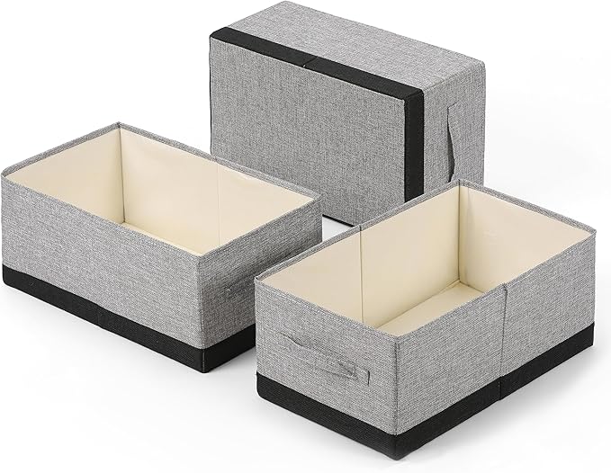 Linen Folding Storage Bins, 3 Pack Large Storage Baskets, Washable, Clothing Storage Bins with Handle, Closet Organizer for Storage Sweater,Sheets (gray black, 18½"x11"x8½")