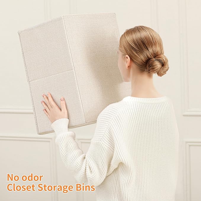 Linen Folding Storage Bins, 3 Pack Large Storage Baskets, Washable, Clothing Storage Bins with Handle, Closet Organizer for Storage Sweater,Sheets(Beige, 18½"x13½"x8½")