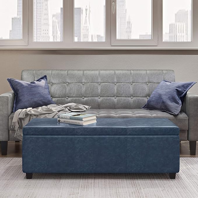 SIMPLIHOME Avalon 48 inch Wide Contemporary Rectangle Storage Ottoman Bench in Denim Blue Vegan Faux Leather, Assembled, For the Living Room, Entryway and Family Room