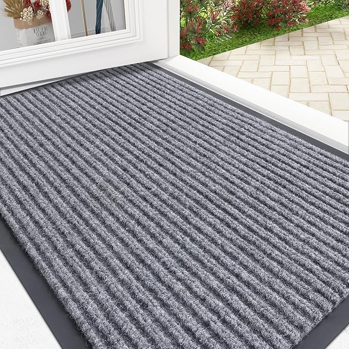 OLANLY Front Door Mat Indoor Outdoor Entrance, Waterproof Heavy Duty Doormat, Fade Resistant, Low Profile, Easy Clean Patio Porch Welcome Floor Mats for Entry, 35x23, Light Gray
