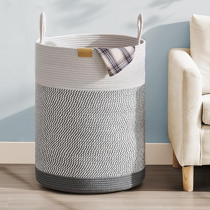 Laundry Hamper 75L,Large Laundry Basket for Clothes,Decorative Storage Basket for Blankets,Cotton Rope Woven basket for bedroom,Grey White