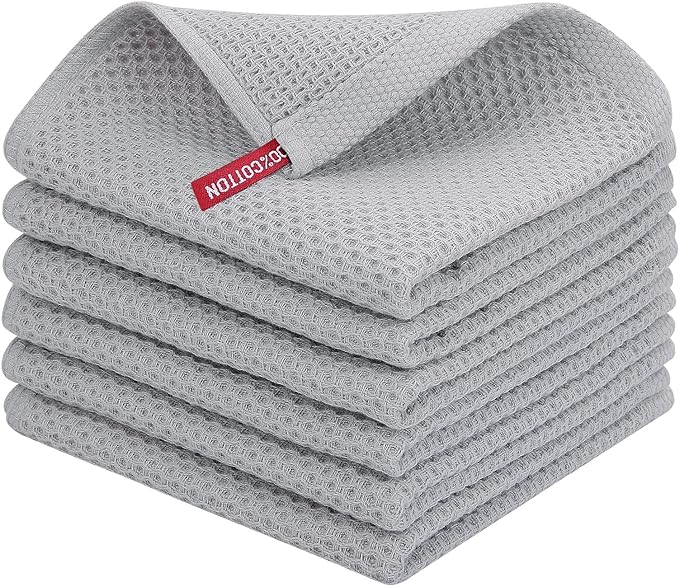 Homaxy 100% Cotton Waffle Weave Kitchen Dish Cloths, Ultra Soft Absorbent Quick Drying Dish Towels, 12 x 12 Inches, 6-Pack, Light Gray