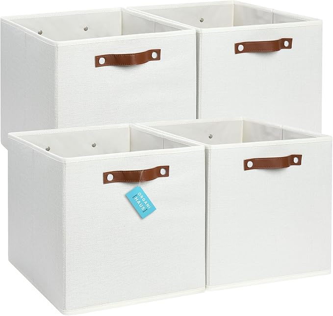 OrganiHaus 13x13 Cube Fabric Storage Bins Set of 4, Fabric Storage Cubes w/ Vegan Handles, 13 inch Collapsible Bins for Clothes & Toy Organizer, Cubbies Organizer, 13x13 Basket for Decor - White