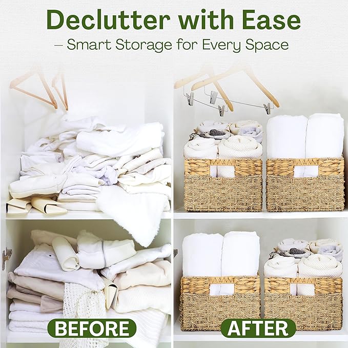 Large Wicker Storage Basket with handles, Natural, Woven, Seagrass and Hyacinth Organizing Baskets for Shelves, Pantry, Living Room - Large Size - 17x11x7.5 in
