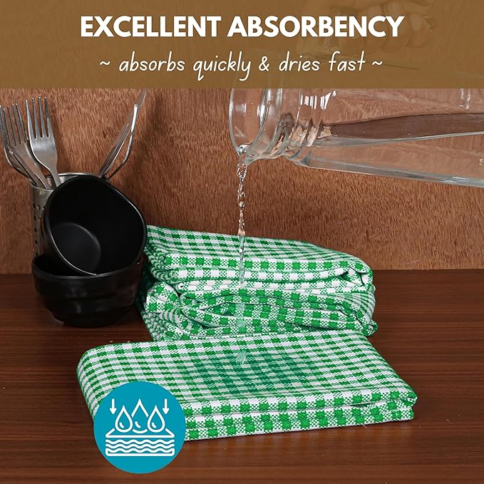 Native Fab 6 Pack Kitchen Towel with Hanging Loop 16x26 inches, Cotton Gingham Check Kitchen Towels for Drying Dishes, Soft & Absorbent Washcloths, Dish Cloth, Green White
