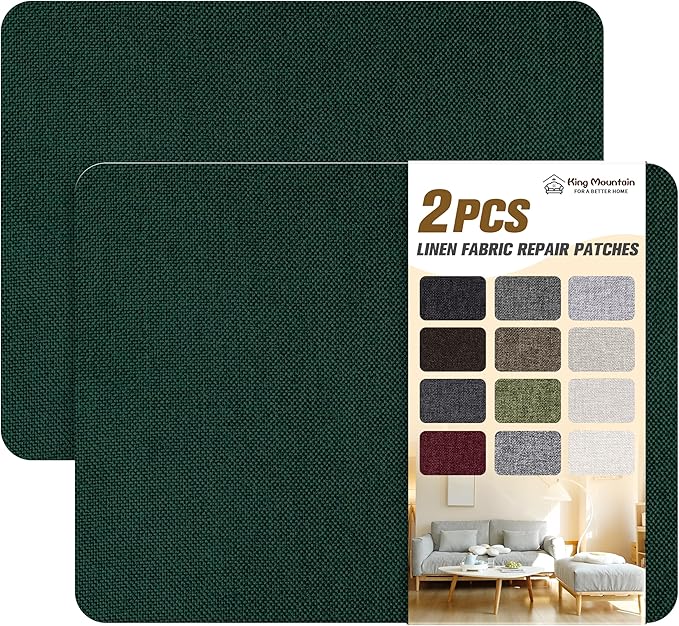 KING MOUNTAIN Coarse Linen Repair Patches, Self-Adhesive Linen Fabric Patches, 8X11 inch 2 PCS, Multi Color, Can be Used for Linen Sofa Repair and Linen Clothes Repair(8" x 11"-2PCS,Dark Green)