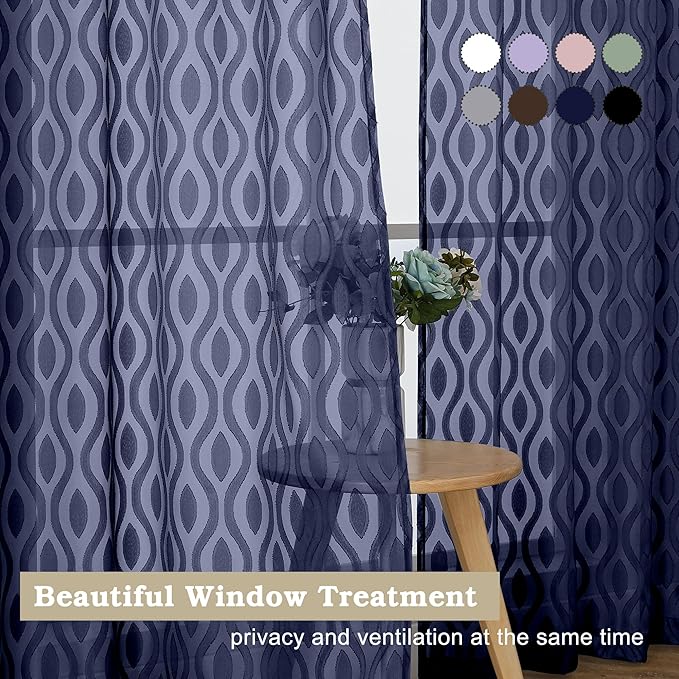Aiyufeng Blue Sheer Curtains 63 Inch Length 2 Panels Set, Airy Light Filtering Solid Clip Jacquard Farmhouse Curtians for Bedroom Living Room, Modern Wavy Line Panel Curtains, 40" WX63 L Inches