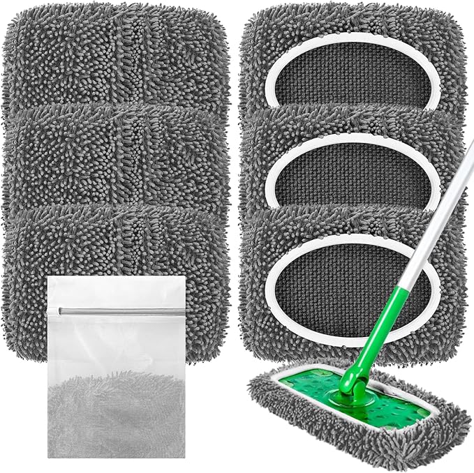 Reusable Microfiber Mop Pads Compatible with Sweeper Mop, Replacement Wet Mopping pad Refills & Washable Dry Sweeping Cloths for Use on All Sealed Floors - Stone, Hardwood, Laminate & Tile (6 Grey)
