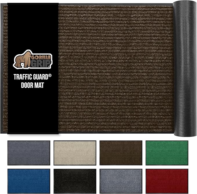 GORILLA GRIP Traffic Guard Door Mat, 47x35, Heavy Duty Welcome Mats, Commercial Office Space Doormat, Waterproof, Fade Resistant, Strong Rubber Backing, Low Profile, Shoe and Boot Scraper, Brown