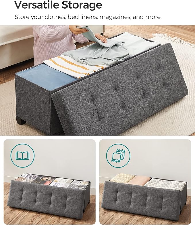 SONGMICS Storage Ottoman Bench, Foldable Foot Rest with Legs, 15 x 43 x 15.7 Inches, End of Bed Bench, Storage Chest, Load up to 660 lb, for Living Room, Bedroom, Entryway, Slate Gray ULSF018G01