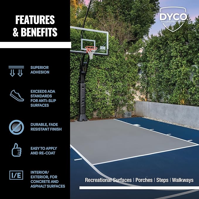 DYCO Court & Floor Anti-Slip Coating - Slip-Resistant Pavement, Cement & Concrete Paint for Pickleball, Tennis & Basketball Courts, Exceeds ADA Standards for Safety Areas (Capri Blue, 5 Gallons)