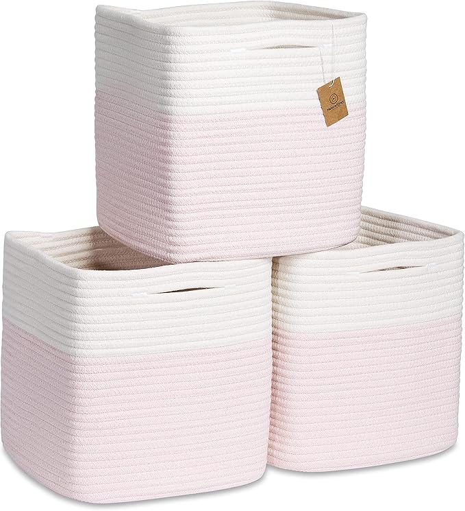 NaturalCozy Storage Cubes 11 Inch Cotton Rope Woven Baskets for Organizing, 3-Pack | Cube Storage Bin | Square Storage Baskets for Shelves Organizer, Classroom, Kids Toy Bins, Closet, Baby Nursery