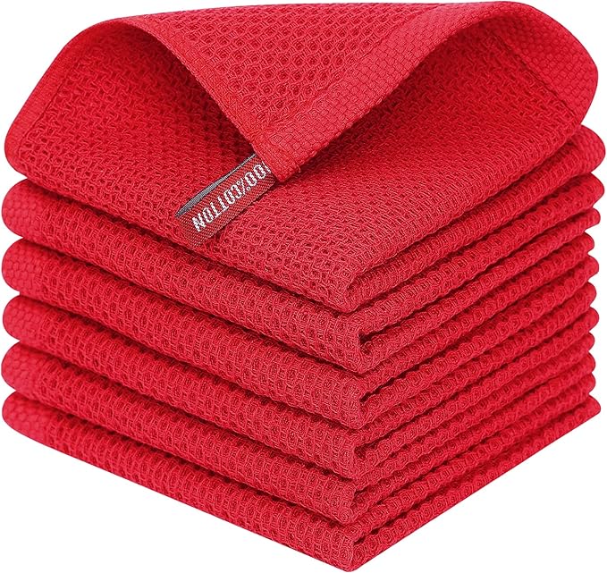 Homaxy 100% Cotton Waffle Weave Kitchen Dish Cloths, Ultra Soft Absorbent Quick Drying Dish Towels, 12 x 12 Inches, 6-Pack, Red