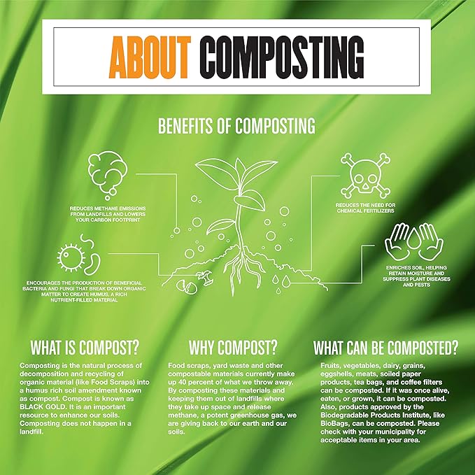 BioBag (USA) The Original Compostable Bag, 8 Gallon, 500 Count, 100% Certified Compostable Trash Bag Liners for Food Waste, Extra Strong and Durable