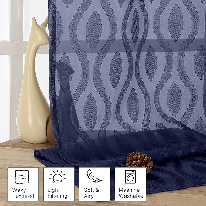 Aiyufeng Blue Valances for Windows, Chic Wavy Line Clip Jacquard Voile Sheer Small Window Curtain for Basement Small Curtains, Lightweight Rod Pocket Short Curtains for Windows, 2 PCS, 40Wx14L Inches