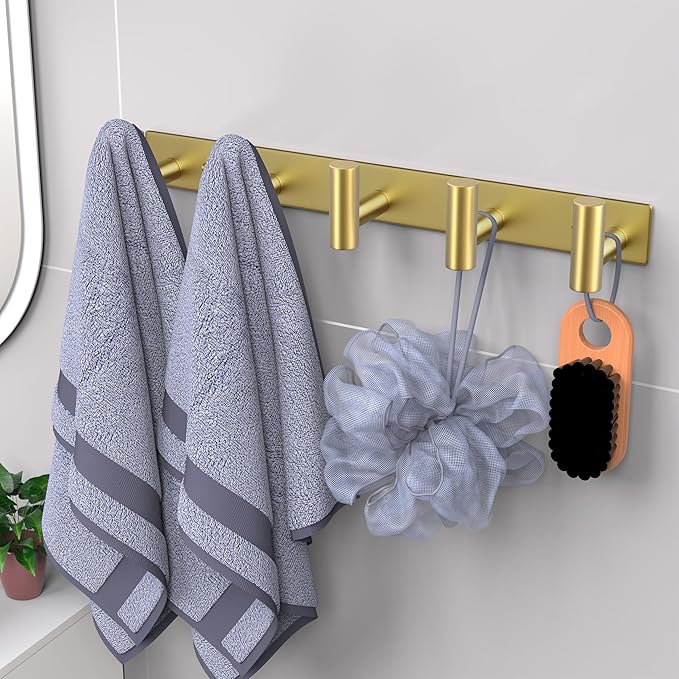 VAEHOLD Hat and Coat Wall Mount Rack - Hooks for Robes, Bags, Keys, and Towels - Bathroom Towel Hanger Organizer (Gold, “T“ Shape 5 Hooks 1 Pack)