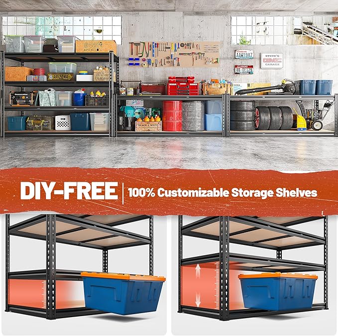 REIBII 48" W Garage Shelving Heavy Duty 2550 LBS Storage Shelves 4 Tier Heavy Duty Shelving, Adjustable Metal Shelves, Industrial Shelf for Garage, Warehouse, Pantry, 48" W x 60" H x 24" D