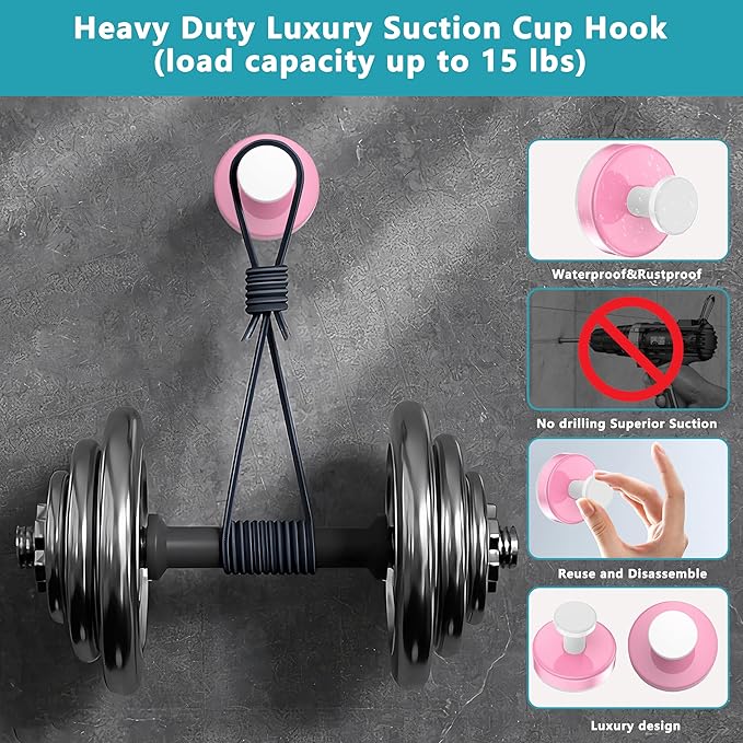 Suction Cup Hooks for Shower,Removable No Drill Towel Hooks,Upgraded 15 lbs Strong Suction hooks for Bathroom Tile,Shower Wall,Glass Door,Kitchen-Loofah,Coat,Stainless Waterproof-Pink White 2 Pcs