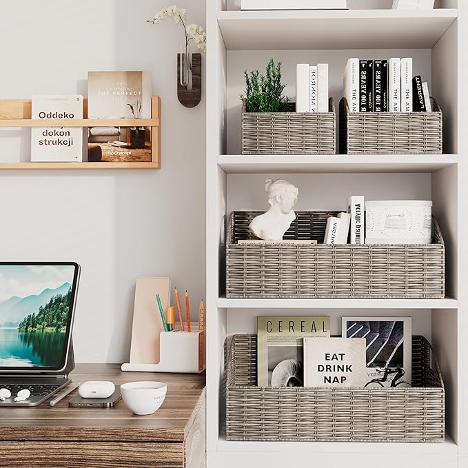 Ollieroo Rattan Storage Baskets, Handwoven Wicker Storage Bins with Built-in Handles, Storage Container Baskets for Shelves, Bedroom, Bathroom, Laundry Room or Kitchen(Grey)