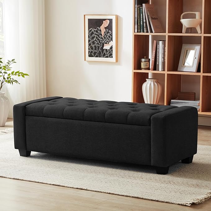 48" Ottoman with Storage, Black Storage Ottoman Bench with Safety Hinge, Upholstered Entryway Bench with Seating for Bedroom, Living Room, Holds up to 330 lb
