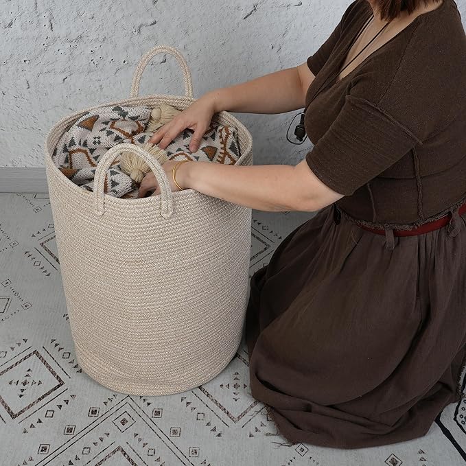 Cotton Rope Laundry Basket Hamper for Clothes Woven Storage Basket for Living Room Bedroom Boho Tall Rope Baskets for Blanket Toys Pillow Towels Baby Nursery Hamper Bin Large oatmeal