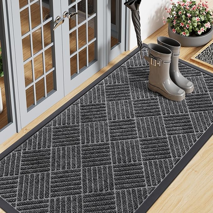 Smiry Front Door Mat Outside Entrance, Heavy Duty Outdoor Indoor Natural Rubber Doormat, Non Slip, Trap Dirt and Moisture, Easy Clean, Low Profile Patio Porch Entryway Mat, 47x23, Light Grey