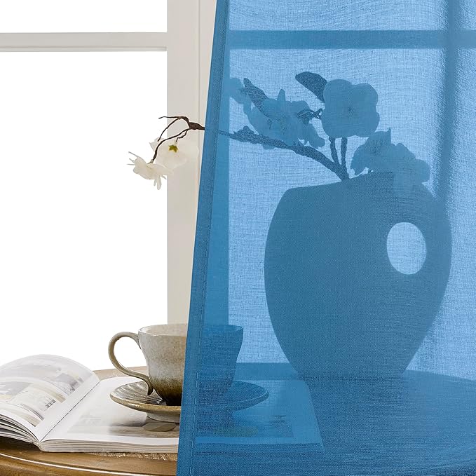 Tollpiz Sheer Door Curtain Closet Linen Textured Curtains Sheer Doorway Light Filtering Voile Patio Glass Door Rod Pocket Curtain French Door, 54 x 72 inches Long, Classic Blue, Set of 1 Panel