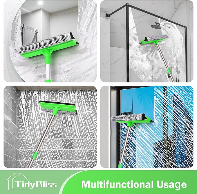 Window Squeegee Professional, 56” Car Windshield Glass Cleaner Tool with Extension Pole, Long Handle Household 10 inches Washer Sponge Scrubber Kit for Cleaning Home Mirror Outdoor (Green)