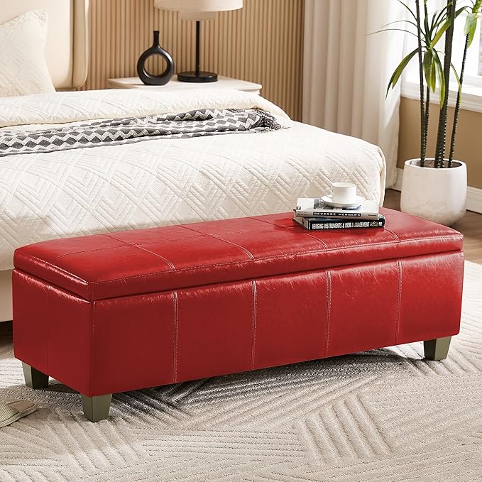 51" Faux Leather Storage Ottoman, Stitch Tufted Rectangle Upholstered End of Bed Storage Bench, Entryway Large Couch Ottoman with Wooden Legs,Red