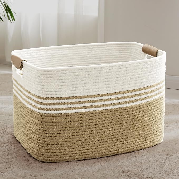 86L Extra Large Laundry Basket with Leather Handles for Living Room Storage, Woven Rope Baskets for Blanket, Kids Toy, Gifts, Wicker Hamper for Bedroom Dirty Clothes, 24"x16"x14" Khaki