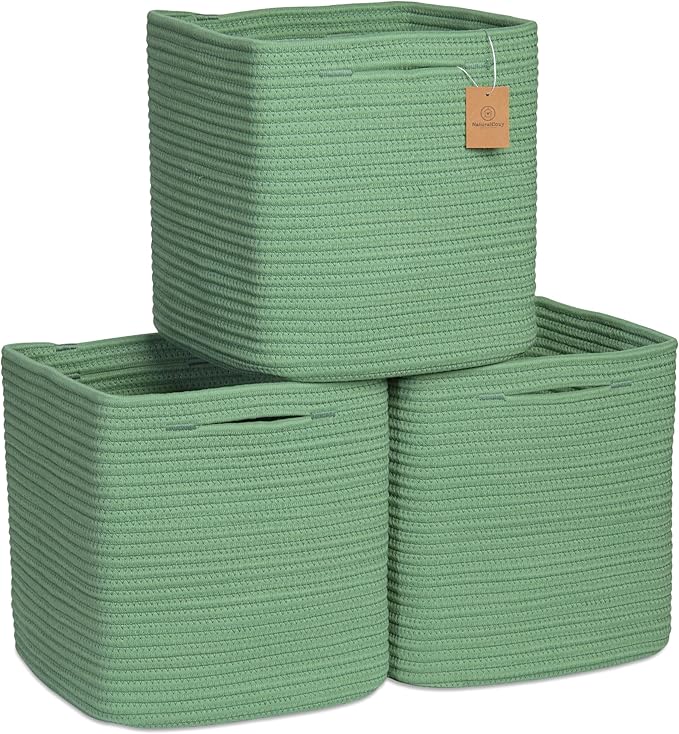 NaturalCozy Storage Cubes 11 Inch Cotton Rope Woven Baskets for Organizing, 3-Pack | Cube Storage Bin | Square Storage Baskets for Shelves Organizer, Classroom, Kids Toy Bins, Closet, Baby Nursery