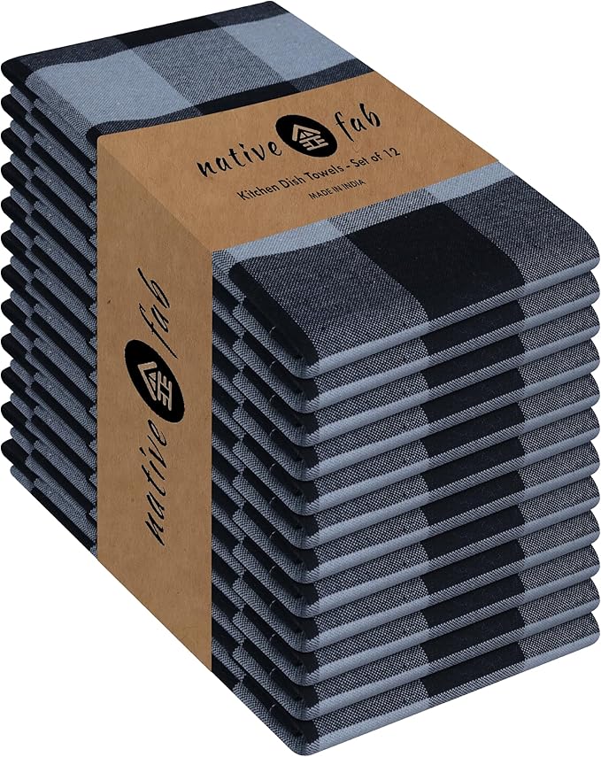Native Fab 12 Pack Buffalo Check Kitchen Dish Towels, Cotton, Durable, Washable 16"x26" - Tea Towels, Soft Absorbent Cleaning Towel, Hand Towels with Hanging Loop - Black, Grey