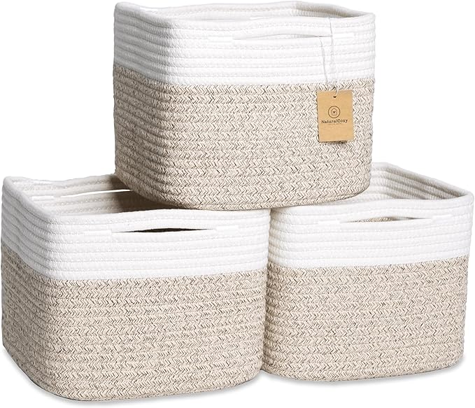 NaturalCozy Storage Cubes 9”x9”x7”Cotton Rope Woven Baskets for Organizing 3-Pack | 9 Inch Cube Storage Bin | Small Basket for Shelf Nursery, Pantry, Decorative Plant, Bathroom Closet, Toy Gift