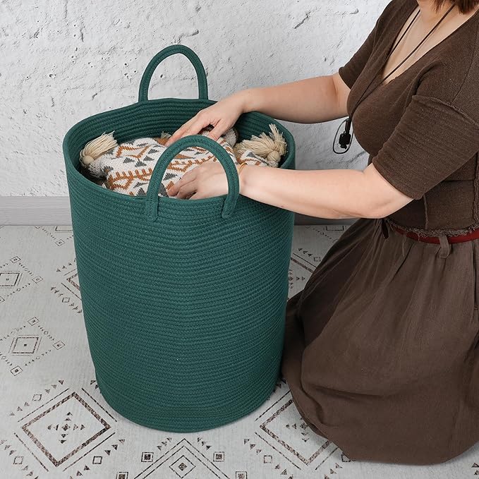 Cotton Rope Laundry Basket Hamper for Clothes Woven Storage Basket for Living Room Bedroom Boho Tall Rope Baskets for Blanket Toys Pillow Towels Baby Nursery Hamper Bin Large dark green