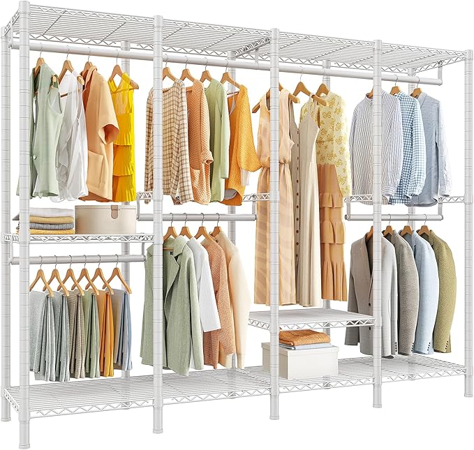 Raybee Heavy Duty Clothes Rack for Hanging Clothes,Clothing Rack with Shelves, Adjustable,76" W x 77" H x 18" D,Max Load 1150lbs,White