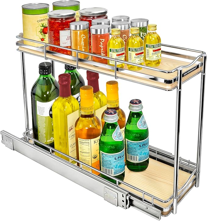 LYNK PROFESSIONAL® Élite™ Pull Out Spice Rack Organizer for Inside Kitchen Cabinets - 6"x21" - Slide Out Drawer – Wood/Chrome Sliding Spice Cabinet Organization Shelf Racks - 2 Tier