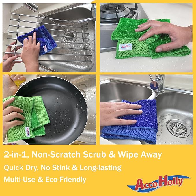 Microfiber Scrub Dish Cleaning Cloth, Non-Scratch, Reusable & Durable for Pan Pot Dish Cooktop Counter Kitchen Household, Machine Washable, 4-Pack, 11.5 x 11.5 inch, Blue & Green Color Assorted