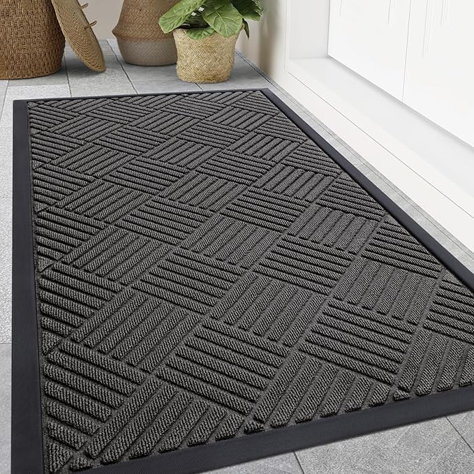 Smiry Front Door Mat Outside Entrance, Heavy Duty Outdoor Indoor Natural Rubber Doormat, Non Slip, Trap Dirt and Moisture, Easy Clean, Low Profile Patio Porch Entryway Mat, 59x35, Grey