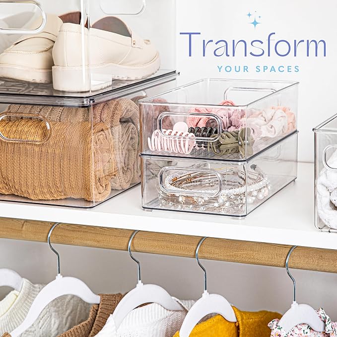 Plastic Food Storage 6 Pack Clear Container Bin with Handles for Organizing Kitchen, Pantry, Refrigerator, Freezer, Pantry, Cabinet, Closet, Bathroom. Stackable 10”x6”x3”