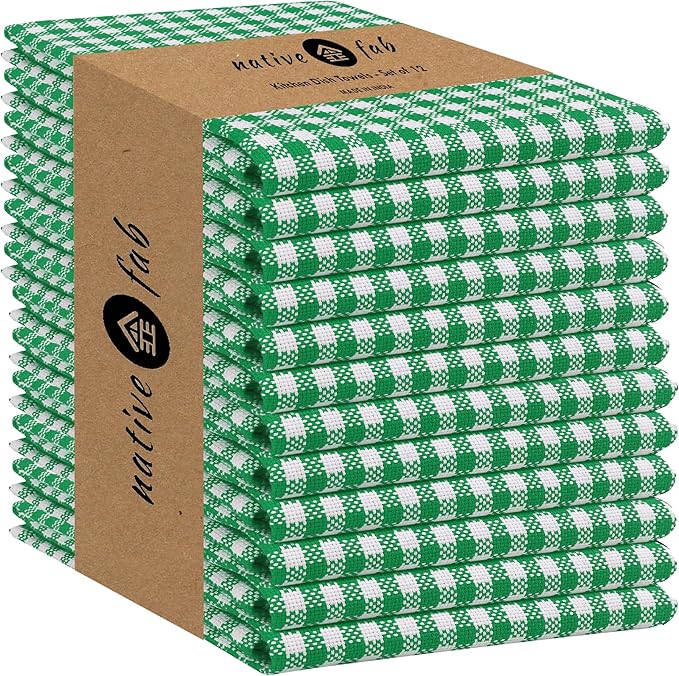 Native Fab Set of 12 Gingham Mini Check Kitchen Towels 16"x26" - Cotton Dish Towels - Soft Absorbent Hand Towels with Hanging Loop, Washcloths for Quick Drying, Cleaning - Green White