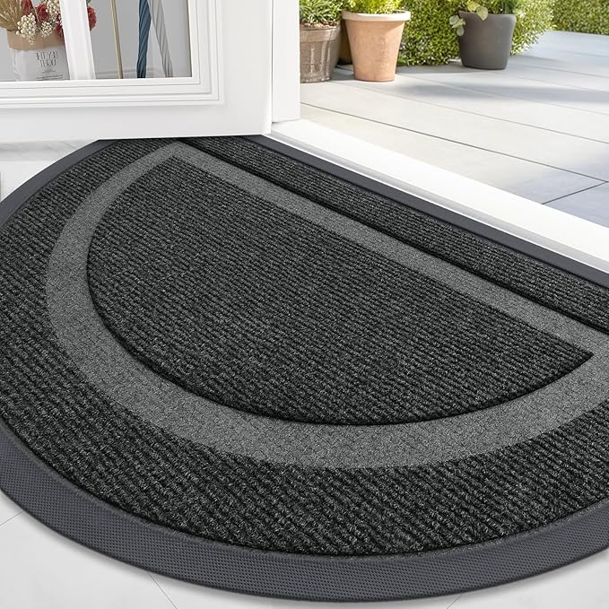OLANLY Half Circle Door Mat Indoor Outdoor Entrance Welcome, Waterproof All-Season, All-Weather Doormat, Sturdy Natural Rubber, Low Profile, Easy Clean Patio Porch Entryway Mat, 71x47, Black