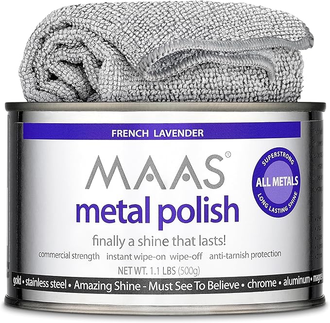 MAAS Metal Polish 1.1lb Can Plus Free Cloth, Universal Metal Cleaner for All Metals, Clean, Polish, and Protect Silver, Brass, Copper and More, Tarnish Remover and Silver Cleaner for Jewelry