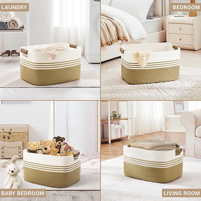 72L Large Laundry Basket with Leather Handles for Living Room Storage, Woven Rope Baskets Bin for Blanket, Kids Toy, Gifts, Wicker Hamper for Bedroom Dirty Clothes, 22"x17"x12" Khaki