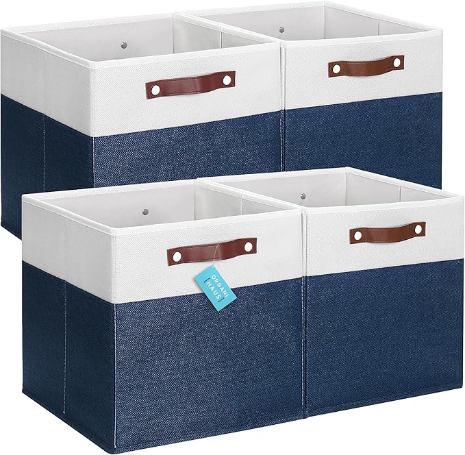 OrganiHaus 13x13 Cube Fabric Storage Bins Set of 4, Fabric Storage Cubes w/ Vegan Handles, 13 inch Collapsible Bins for Clothes & Toy Organizer, Cubbies Organizer, 13x13 Basket for Decor - Navy Blue