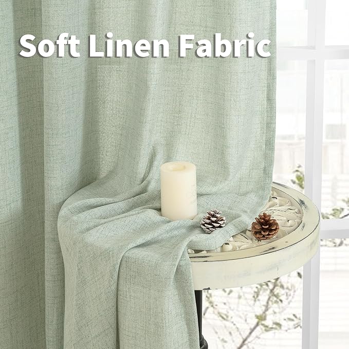 YoungsTex Sage Green Linen Semi Sheer Curtains 40 Inch Length for Kitchen Window, Short Drapes Light Filtering with Rod Pocket Back Tab for Cafe Bathroom, 2 Panels, 42 X 40 Inch