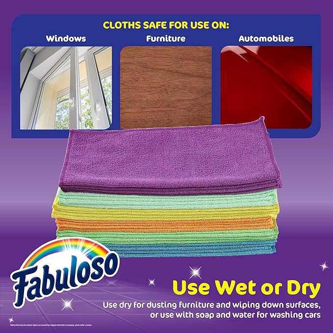 Fabuloso Microfiber Cleaning Cloths, Rainbow - Lint-Free, Scratch-Free Cleaning Cloths for Surfaces and Wood Furniture - Dustless Cloth for Bold and Bright Cleaning Experience, 24 Count