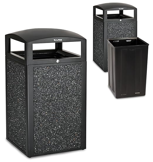 Alpine Outdoor Commercial Trash Can with Lid - 40 Gallon Heavy Duty Metal Garbage Can with Removable Bin, Locking Lid for a Modern Look in Park, Mall & High Traffic Areas - Black, Grey Stone Panels