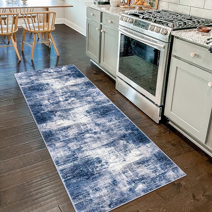 IOHOUZE Abstract Runner Rug 2x7 Ft Washable Runners for Hallways, Non Slip Kitchen Runner Printed Faux Wool Entryway Runners Indoor, Modern Abstract Floor Carpet for Hall Kitchen Bedroom, Navy/Grey
