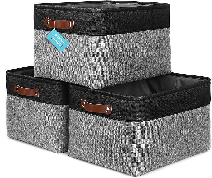 OrganiHaus Extra Large Fabric Storage Bins for Shelves 16x13in, Closet Storage Baskets for Shelf Organizing, Canvas Rectangle Bins for Organization, Linnen Baskets for Organizing - Gray/Black